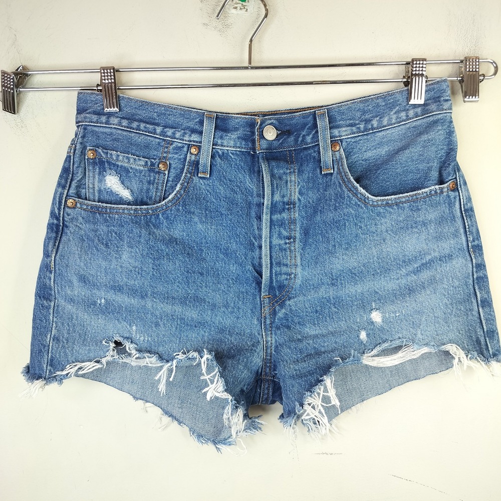 Levi's 501 Cutoff Denim Jean Shorts 30 Button Fly Distressed High Waist Fray